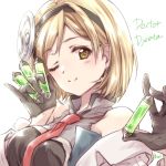  1girl ;) artist_name bangs between_fingers black_dress black_gloves black_headband blonde_hair brown_eyes character_name closed_mouth commentary djeeta_(granblue_fantasy) djeeta_(granblue_fantasy)_(doctor) dress gloves granblue_fantasy hairband head_tilt headband high_collar highres holding kuroi_mimei labcoat light_blush long_sleeves looking_at_viewer necktie one_eye_closed pinky_out red_neckwear short_hair simple_background sleeveless sleeveless_dress smile solo swept_bangs upper_body vial white_background white_coat 