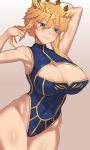  areola_slip areolae armpits artoria_pendragon_(all) artoria_pendragon_(lancer) bare_arms bare_hips bare_shoulders blonde_hair blue_leotard blush braid breasts circlet cleavage cleavage_cutout colored_eyelashes commentary_request covered_navel covered_nipples cowboy_shot fate/grand_order fate_(series) gradient gradient_background green_eyes grey_background groin hair_between_eyes highleg highleg_leotard large_breasts leotard long_hair nt00 revision sidelocks 