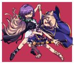  2girls awa_(bihidasu) bare_legs black_footwear blonde_hair boots cape closed_eyes dancing earmuffs eyebrows_visible_through_hair highres hijiri_byakuren juliet_sleeves long_hair long_sleeves multicolored_hair multiple_girls open_mouth puffy_sleeves purple_hair red_background sandals sheath sheathed short_hair short_sleeves skirt sleeveless sword tagme touhou toyosatomimi_no_miko weapon wristband yellow_footwear 