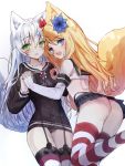  2girls absurdres amatsukaze_(kantai_collection) amatsukaze_(kantai_collection)_(cosplay) animal_ear_fluff animal_ears ass black_dress black_panties black_skirt blonde_hair blue_eyes blue_flower blue_sailor_collar blush collar commentary_request cosplay dress elbow_gloves flower fox_ears fox_girl fox_tail garter_straps gloves green_eyes grey_neckwear hair_flower hair_ornament highres holding_hands interlocked_fingers kantai_collection lifebuoy long_hair looking_at_viewer looking_back miniskirt multiple_girls open_mouth original panties pleated_skirt red_flower sailor_collar sailor_dress school_uniform see-through serafuku shimakaze_(kantai_collection) shimakaze_(kantai_collection)_(cosplay) shirt short_dress silver_hair simple_background skirt sleeveless sleeveless_shirt striped striped_legwear tail tail_raised tandohark thighhighs underwear very_long_hair white_background white_gloves white_sailor_collar white_shirt 