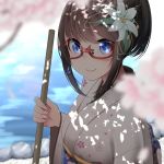  1girl bangs blue_eyes blurry blurry_background blurry_foreground blush brown_hair closed_mouth commentary_request day depth_of_field eyebrows_visible_through_hair fingernails floral_print flower glasses hair_flower hair_ornament highres holding japanese_clothes kimono long_sleeves looking_at_viewer nekobaka obi original outdoors print_kimono red-framed_eyewear sash semi-rimless_eyewear sidelocks smile solo under-rim_eyewear white_flower white_kimono wide_sleeves 