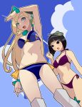  2girls aqua_eyes aqua_ribbon arm_up armpits bangs bikini black_eyes black_hair blonde_hair blue_bikini blue_sky blunt_bangs bob_cut boots bow_bikini bracelet breasts chito_(kehotank) cleavage clenched_hand cloud cloudy_sky commentary day dutch_angle earrings flower_earrings hair_ribbon headgear jewelry long_hair looking_at_another medium_breasts multiple_girls navel open_mouth personification print_bikini purple_bikini ribbon shading_eyes short_hair side-tie_bikini sky smile soumu_(kehotank) standing strid_(kehotank) stridsvagn_103_(personification) swimsuit thigh_boots thighhighs type_4_chi-to_(personification) white_footwear 