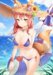  1girl absurdres animal_ear_fluff animal_ears ball bare_arms bare_shoulders beachball bikini blue_bikini blue_sky breast_hold breasts brown_eyes cleavage cloud collarbone commentary_request condensation_trail cowboy_shot day ears_through_headwear fate/grand_order fate_(series) flower fox_ears fox_girl fox_tail hat hat_flower highres holding horizon innertube jewelry large_breasts long_hair looking_at_viewer navel necklace ocean outdoors pink_hair plant side-tie_bikini sky smile solo sparkle standing stomach straw_hat sunflower swimsuit tail tamamo_(fate)_(all) tamamo_no_mae_(swimsuit_lancer)_(fate) thigh_gap thighs verena water 