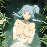  1girl breasts flower hands_on_own_chest highres jewelry large_breasts long_hair looking_at_viewer necklace official_art open_mouth purple_eyes rain reki_(senran_kagura) senran_kagura senran_kagura_new_wave silver_hair solo water yaegashi_nan 
