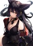  1girl animal_ears bangs bare_shoulders black_bow black_dress black_hair black_jacket bow breasts cleavage collarbone commentary_request dress ear_piercing erune eyebrows_behind_hair flower granblue_fantasy hair_between_eyes has_bad_revision has_downscaled_revision highres jacket large_breasts long_hair long_sleeves looking_at_viewer meth_(emethmeth) nier_(granblue_fantasy) off_shoulder open_clothes open_jacket piercing purple_flower purple_rose red_eyes rose simple_background sleeveless sleeveless_dress solo striped striped_bow very_long_hair white_background 