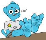  3_toes barefoot breasts cartoon_network clothing desk dialogue feet felid feline female foot_focus hi_res humanoid_feet ifuritto looking_at_viewer mammal nicole_watterson paws simple_background soles solo speech_bubble the_amazing_world_of_gumball toes white_background 