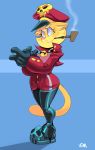  absurd_res anthro blue_background boots clothing collar domestic_cat felid feline felis female footwear hat headgear headwear hi_res leather_boots lilly_(vimhomeless) looking_at_viewer mammal pipe simple_background smoking solo vimhomeless yellow_eyes 