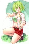  1girl :d aka_tawashi ascot bangs belt black_footwear blush bow bra breasts brown_belt cleavage commentary_request earrings eyebrows_visible_through_hair grass green_bow green_bra green_hair green_umbrella hair_between_eyes head_tilt highres holding holding_umbrella jewelry kazami_yuuka kneeling large_breasts loafers looking_at_viewer midriff navel open_clothes open_mouth open_shirt plaid plaid_shorts reaching_out red_eyes red_shorts shirt shoes short_hair short_shorts short_sleeves shorts simple_background smile socks solo stomach thighs touhou umbrella underwear white_background white_legwear white_shirt yellow_neckwear 