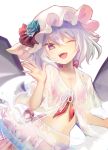  1girl ;d alternate_eye_color bangs bat_wings bikini blue_flower blue_rose commentary_request eyebrows_visible_through_hair fangs flower front-tie_bikini front-tie_top hair_between_eyes hand_up hat hat_flower hat_ribbon head_tilt innertube looking_at_viewer mob_cap navel one_eye_closed open_mouth purple_eyes red_bikini red_ribbon remilia_scarlet ribbon rose sarong see-through shirt short_hair short_sleeves silver_hair simple_background smile solo stomach swimsuit touhou upper_body white_background white_headwear white_shirt wings yuki_(popopo) 