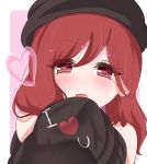  1girl bangs bare_shoulders beret black_headwear black_shirt blush border clothes_writing commentary english_commentary eyebrows_visible_through_hair eyelashes hair_between_eyes hat heart heart-shaped_pupils hecatia_lapislazuli holding_clothes long_hair looking_at_viewer off_shoulder open_mouth outside_border pink_background portrait red_eyes red_hair shirt simple_background solo symbol-shaped_pupils t-shirt touhou white_border yukome 