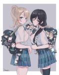  2girls ayase_eli bag bangs black_hair black_legwear blonde_hair blue_eyes bow bowtie closed_mouth collared_shirt commentary_request eyebrows_visible_through_hair green_eyes hair_ornament hair_scrunchie highres looking_at_viewer love_live! love_live!_school_idol_project multiple_girls one_eye_closed parted_lips pleated_skirt ponytail school_bag school_uniform scrunchie shirt shirt_tucked_in short_sleeves skirt thighhighs toujou_nozomi white_shirt zawawa_(satoukibi1108) 