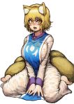  4_tails absurd_res animal_humanoid big_breasts blonde_hair blush bodily_fluids breasts canid canid_humanoid canine canine_humanoid chanta clothed clothing female fox_humanoid hair hi_res humanoid inner_ear_fluff mammal mammal_humanoid multi_tail open_mouth ran_yakumo short_hair sitting slit_pupils solo sweat teeth touhou video_games wet wet_clothing yellow_eyes 