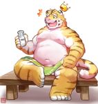  2019 anthro balls belly blush cute_fangs felid fur green_eyes hi_res lates male mammal milk moobs navel nipples overweight overweight_male pantherine pink_nose sitting solo tiger tongue towel yellow_fur 