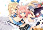  2girls ahoge angel_wings animal_ear_fluff animal_ears arm_up armpits bike_shorts black_legwear black_shorts black_skirt blonde_hair blue_eyes blue_shirt breasts cat_ears choker cleavage cleavage_cutout confetti demon_tail demon_wings double_v elbow_gloves feathered_wings flat_chest gloves hair_bobbles hair_ornament halo hinata_channel kurot large_breasts long_hair low_twintails midriff miniskirt mirai_akari mirai_akari_project mismatched_legwear multiple_girls navel nekomiya_hinata open_mouth orange_legwear pink_hair pulled_by_self shirt short_shorts shorts shorts_under_skirt simple_background skirt sleeveless sleeveless_shirt smile striped striped_legwear suspenders suspenders_pull tail tank_top thighhighs trait_connection twintails v very_long_hair virtual_youtuber watch waving white_background white_gloves white_tank_top wings wristwatch 