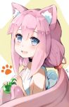  1girl animal_ear_fluff animal_ears blue_eyes cat_ears choker commentary_request from_side hair_bobbles hair_ornament highres hinata_channel holding holding_hair hoshizaki_reita long_hair low_twintails nekomiya_hinata open_mouth pink_hair smile solo tank_top twintails upper_body very_long_hair virtual_youtuber white_tank_top 