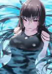  1girl bangs bare_shoulders black_hair black_swimsuit blush breasts collarbone fate/grand_order fate_(series) highres jonsun large_breasts long_hair looking_at_viewer murasaki_shikibu_(fate) one-piece_swimsuit open_mouth purple_eyes solo swimming swimsuit very_long_hair water 