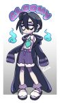  1boy artist_name black_hair blue_neckwear closed_mouth english_commentary english_text freckles full_body gradient gradient_background grey_background hitodama hood hooded_jacket jacket lavender_eyes male_focus necktie no_mask onion_(pokemon) pokemon pokemon_(game) pokemon_swsh purple_eyelids purple_jacket rem_(artist) ringed_eyes shirt shoes shorts simple_background sleeves_past_wrists suspender_shorts suspenders what_if white_shirt 