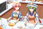  2girls apron blue_eyes bottle bowl carrot cooking cracked_egg cracking_egg cutting_board egg egg_yolk eggshell food fruit frustrated green_hair hair_between_eyes hairband hat jar kitchen knife komeiji_satori looking_at_another microwave milk_carton multiple_girls pink_hair red_eyes shiki_eiki short_hair short_sleeves strawberry third_eye touhou v-shaped_eyebrows wavy_mouth whisk yi_xing 