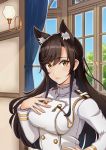  1girl animal_ears atago_(azur_lane) azur_lane bangs black_hair blue_sky breasts brown_eyes closed_mouth commentary_request curtains epaulettes extra_ears eyebrows_visible_through_hair hair_ribbon hand_on_own_chest high_collar highres indoors lamp large_breasts long_hair military military_uniform mole mole_under_eye nekkusu_(nex_06) ribbon sky solo swept_bangs tree uniform upper_body wall white_ribbon window 