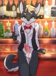  2019 absurd_res anthro blue_eyes bottomless bow_tie canid canine canis clothed clothing domestic_dog fur green_eyes grey_fur hi_res male mammal penis ricky945 solo 