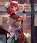  1girl ahoge amano_hagoromo bag bandaged_arm bandages bangs blush breasts building bun_cover chain commentary_request cowboy_shot cuffs dango double_bun flower food green_skirt hair_between_eyes hand_up highres holding holding_bag holding_food ibaraki_kasen large_breasts looking_at_viewer mitarashi_dango open_mouth outdoors pink_flower pink_hair pink_rose puffy_short_sleeves puffy_sleeves red_eyes rose shackles shirt short_hair short_sleeves skirt solo standing tabard touhou translation_request wagashi white_shirt 