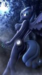  3d_(artwork) 5_fingers anthro anthrofied bedroom_eyes blue_eyes blue_eyeshadow blue_feathers blue_fur blue_hair blue_horn blue_nails blue_tail blue_theme breasts butt casual_nudity colored_nails covering covering_breasts covering_self curvy_figure cutie_mark digital_media_(artwork) equid eyebrows eyelashes eyeshadow feathered_wings feathers female fingers fluffy fluffy_tail forest friendship_is_magic full_moon fur glistening glistening_breasts glistening_butt glistening_eyes glistening_fur glistening_hair glowing grass hair half-closed_eyes hi_res horn hourglass_figure humanoid_hands jacob_lhh3 light long_hair long_horn long_tail looking_at_viewer looking_back makeup mammal mascara medium_breasts moon moonlight my_little_pony nails nature nexgen night night_sky nude outside plant portrait prick_ears princess princess_luna_(mlp) rear_view royalty seductive shadow shrub side_boob slim smile snout solo spread_wings standing three-quarter_portrait tree unicorn_horn wide_hips winged_unicorn wings 