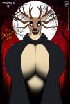  2018 absurd_res antlers big_breasts black_lips breasts cervid clothing english_text female full_moon fur halloween hi_res holidays horn huge_breasts hyper hyper_breasts lips mammal moon signature solo specimen_8 spooky&#039;s_jump_scare_mansion text walter_sache watermark wendigo 