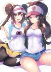  2girls baseball_cap blue_eyes blush breasts brown_hair covered_navel double_bun hair_bun half-closed_eyes hat highres looking_at_viewer low_twintails medium_breasts mei_(pokemon) multiple_girls open_mouth pantyhose pokemon pokemon_(game) pokemon_bw pokemon_bw2 ponytail racket_ti1 short_shorts shorts smile tank_top touko_(pokemon) twintails vest visor_cap 