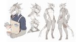  abs absurd_res aedric_(notglacier) anthro apron bandage beverage clothing coffee cup dragon eyes_closed featureless_crotch grey_hair hair hi_res horn looking_at_viewer male multiple_poses notglacier pecs pose solo 