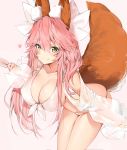  1girl animal_ear_fluff animal_ears bangs bare_shoulders bikini blush bow breasts brown_eyes cleavage closed_mouth collarbone eyebrows_visible_through_hair fate/extra fate_(series) fox_ears fox_girl fox_tail front-tie_bikini front-tie_top hair_between_eyes hair_bow heart highres holding large_breasts leaning_forward long_hair long_sleeves md5_mismatch pink_background pink_hair puffy_long_sleeves puffy_sleeves see-through silver_(chenwen) simple_background skindentation sleeves_past_wrists smile solo swimsuit tail tamamo_(fate)_(all) tamamo_no_mae_(fate) very_long_hair white_bikini white_bow 