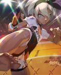  1girl abs barefoot blue_eyes bodysuit bodysuit_under_clothes covered_navel dark_skin gloves grey_eyes grey_hair hairband looking_at_viewer pokemon pokemon_(game) pokemon_swsh saitou_(pokemon) shirt short_hair short_sleeves shorts simple_background solo toni_infante white_shirt wristband 