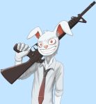  assault_rifle clothed clothing crazy_smile gun hi_res holding_object holding_weapon lagomorph leporid looking_at_viewer male mammal rabbit rabbittakahashi ranged_weapon rifle simple_background smile weapon 
