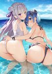  2girls :o ass bangs bikini blue_eyes blue_hair blush bow braid breasts butt_crack cloud commentary_request crown_braid day elf emilia_(re:zero) eyebrows_visible_through_hair fingernails flower frilled_bikini frills from_behind hair_bow hair_flower hair_ornament hairclip long_hair matsui_hiroaki multiple_girls ocean one-piece_swimsuit outdoors partially_submerged pointy_ears purple_eyes re:zero_kara_hajimeru_isekai_seikatsu rem_(re:zero) ribbon short_hair silver_hair sky smile standing swimsuit water x_hair_ornament 