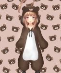  1girl ahoge animal_costume animal_hood bear_background bear_costume brown_eyes brown_hair commentary_request fang feet_out_of_frame highres hood huge_ahoge kantai_collection kiyu_fuyuki kuma_(kantai_collection) long_hair object_namesake open_mouth pink_background rilakkuma san-x skin_fang solo standing 