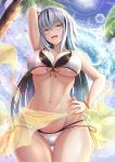  1girl :d absurdres arm_up bangs bikini bird black_hair blue_sky blush breasts cloud cowboy_shot day eyebrows_visible_through_hair fate/grand_order fate_(series) grey_hair hair_between_eyes hand_on_hip highres long_hair looking_at_viewer multicolored_hair nagao_kagetora_(fate) navel open_mouth outdoors palm_tree penguintake sarong sky smile solo stomach streaked_hair swimsuit tree two-tone_hair very_long_hair white_bikini white_hair yellow_eyes 