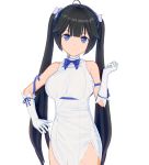  1girl 3d black_hair blue_eyes blue_ribbon breasts closed_mouth commentary_request dress dungeon_ni_deai_wo_motomeru_no_wa_machigatteiru_darou_ka gloves hair_ornament hestia_(danmachi) large_breasts long_hair looking_at_viewer rei_no_himo ribbon simple_background solo twintails white_background white_dress white_gloves 