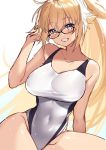  1girl bare_shoulders blonde_hair blue_eyes blush breasts collarbone covered_navel eyebrows_visible_through_hair fate/grand_order fate_(series) glasses grin hair_between_eyes hamada_pochiwo highres jeanne_d&#039;arc_(fate)_(all) jeanne_d&#039;arc_(swimsuit_archer) large_breasts long_hair looking_at_viewer ponytail simple_background smile solo swimsuit thighs white_background 