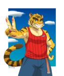  2018 5_fingers anthro blue_bottomwear blue_clothing blue_sky bottomwear clothing cloud collarbone eyebrows felid fingers front_view fur gesture hand_on_hip hi_res male mammal morenatsu multicolored_fur pantherine pawpads pink_nose red_clothing red_shirt red_topwear shirt sky sleeveless_shirt solo striped_tail stripes thick_eyebrows tiger topwear torahiko_(morenatsu) tori2tea two_tone_tail v_sign yellow_fur 