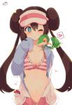  1girl bangs bikini blush bow_bikini breasts brown_hair chestnut_mouth cleavage commentary_request double_bun frilled_bikini frills gen_5_pokemon hair_between_eyes hand_up heart highres jacket long_hair long_sleeves medium_breasts mei_(pokemon) muuran one_eye_closed open_clothes open_jacket parted_lips poke_ball poke_ball_(generic) pokemon pokemon_(creature) pokemon_(game) pokemon_bw2 signature simple_background sleeves_past_fingers sleeves_past_wrists snivy spoken_heart striped striped_bikini swimsuit twintails upper_body very_long_hair visor_cap white_background white_headwear white_jacket 