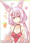  1girl ahoge animal_ear_fluff animal_ears bunny_ears camisole choker hair_ornament hairclip jacket long_hair low_twintails off_shoulder pink_eyes pink_hair red_camisole smile solo tomari_mari tomari_mari_channel twintails upper_body very_long_hair virtual_youtuber waving white_jacket 