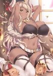  1girl arms_up bell black_panties blonde_hair blush breasts cleavage closed_eyes commentary_request crop_top dark_skin draph fur_trim granblue_fantasy highres horns huge_breasts jewelry kanachirou kuvira_(granblue_fantasy) light_smile long_hair micro_shorts navel necklace panties parted_lips pig pointy_ears seiza shorts sitting solo thighhighs underwear very_long_hair yellow_eyes 