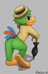  2018 anthro avian barefoot bird blue_feathers bottomless butt clothed clothing disney feathers fedora green_feathers half-closed_eyes hat headgear headwear hi_res jos&eacute;_carioca looking_at_viewer looking_back male parrot presenting presenting_hindquarters red_eyes red_feathers shadow signature smile smirk solo standing strebiskunk suit umbrella 