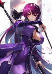  1girl absurdres bangs bodysuit breasts cleavage closed_mouth covered_navel dress fate/grand_order fate_(series) gae_bolg hair_between_eyes headpiece highres holding holding_wand holding_weapon large_breasts long_hair looking_at_viewer pauldrons polearm purple_dress purple_hair purple_ribbon red_eyes ribbon scathach_(fate)_(all) scathach_skadi_(fate/grand_order) solo spear sukocchi tiara wand weapon 