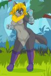  anthro breasts canid canine clothing female footwear forest gloves handwear helsy hi_res mammal nipples outside pussy shoes solo standing tree wide_hips 