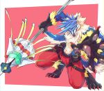  belt black_fur blue_eyes blue_fur blue_hair canid canine canis claws fur galo_thymos hair hi_res holding_object male mammal mostly_nude multicolored_fur pawpads promare red_claws red_fur simple_background solo tool_belt white_fur wolf yellow_fur 