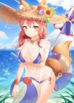  1girl absurdres animal_ear_fluff animal_ears ball bare_arms bare_shoulders beachball bikini blue_bikini blue_sky breast_hold breasts brown_eyes cleavage cloud collarbone condensation_trail cowboy_shot day ears_through_headwear fate/grand_order fate_(series) flower fox_ears fox_girl fox_tail hat hat_flower highres holding horizon innertube jewelry large_breasts long_hair looking_at_viewer navel necklace ocean outdoors pink_hair plant see-through shirt short_sleeves side-tie_bikini sky smile solo sparkle standing stomach straw_hat sunflower swimsuit tail tamamo_(fate)_(all) tamamo_no_mae_(swimsuit_lancer)_(fate) thigh_gap thighs verena water wet wet_clothes wet_shirt 