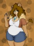  2019 3:4 anthro belly beverage big_breasts breasts brown_hair bubble_tea clothed clothing digital_drawing_(artwork) digital_media_(artwork) felid feline felis female fur green_eyes hair hands-free_bubble_tea hi_res huge_breasts lion looking_at_viewer mammal meme mexifurfoof overweight overweight_female pantherine phone simple_background smile thick_thighs topwear voluptuous wide_hips 