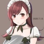  1girl alternate_costume blush breasts brown_background brown_eyes brown_hair choker cleavage collarbone dated enmaided gloves green_gloves green_neckwear kantai_collection long_hair looking_at_viewer maid maid_headdress medium_breasts ooi_(kantai_collection) puffy_short_sleeves puffy_sleeves short_sleeves simple_background solo tray upper_body yunamaro 