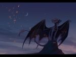  2019 detailed_background dragon fantasy feral hair hi_res horn membrane_(anatomy) membranous_wings moon night outside scalie sitting skaydie sky solo star starry_sky western_dragon wings 