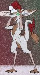  anthro bow brown_fur christmas clothing dialogue english_text fur green_eyes hat headgear headwear hi_res holidays lord_magicpants male mammal navel out-of-placers santa_hat snow solo tail_tuft text tuft webcomic white_fur yinglet 